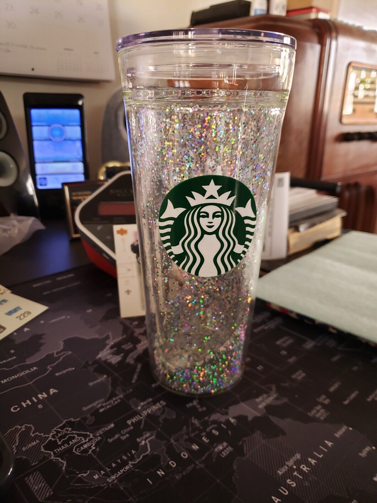 HTF Rare 2018 Starbucks Double Wall Glitter Glass Tumbler 20oz No Straw
