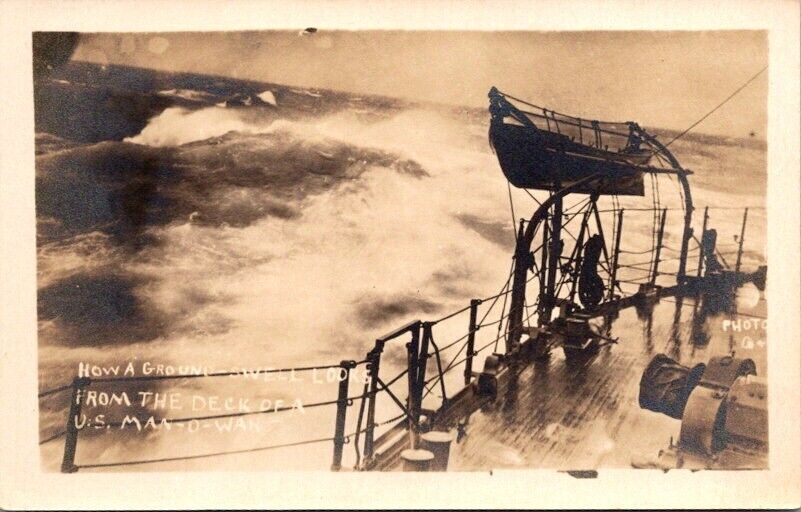 RPPC Postcard View of Ground Swell on American Navy Man-O-War Battle Ship  13043