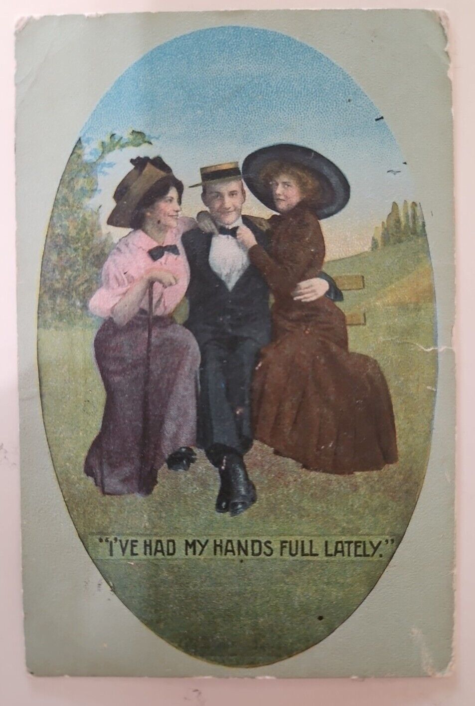 1913 Threesome Vintage  Postcard. One Man Two Women Picture
