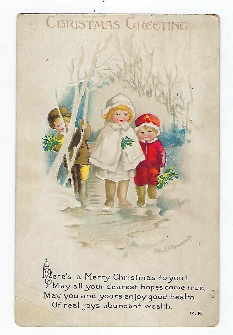 1916 Singed Clapsaddle Christmas Postcard 3 Children Embossed - Posted - Int\'l