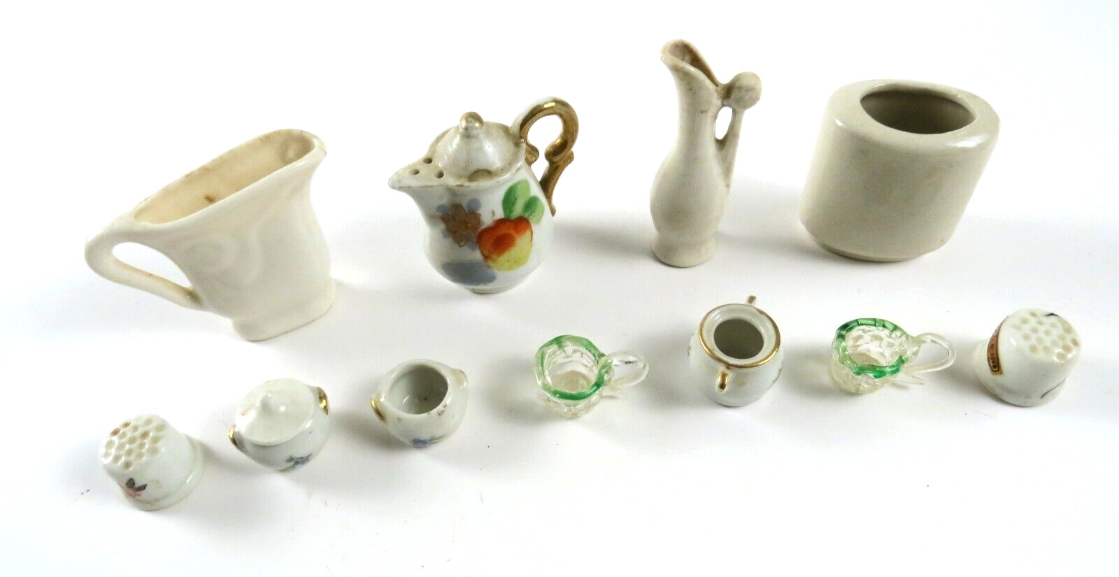 Miniature Ceramic & Glass Dollhouse/Decor Items, Vases, Cups, Thimbles, Urns etc