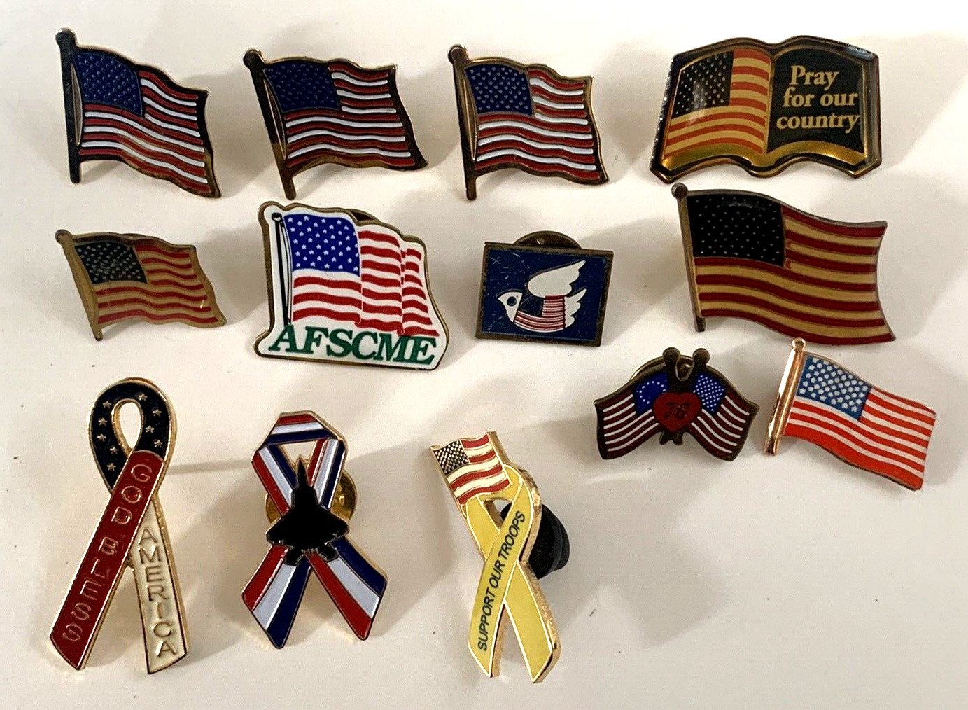 Lapel Pin Hat VTG Patriotic Lot of 13 USA Flags Ribbons America Red White Blue