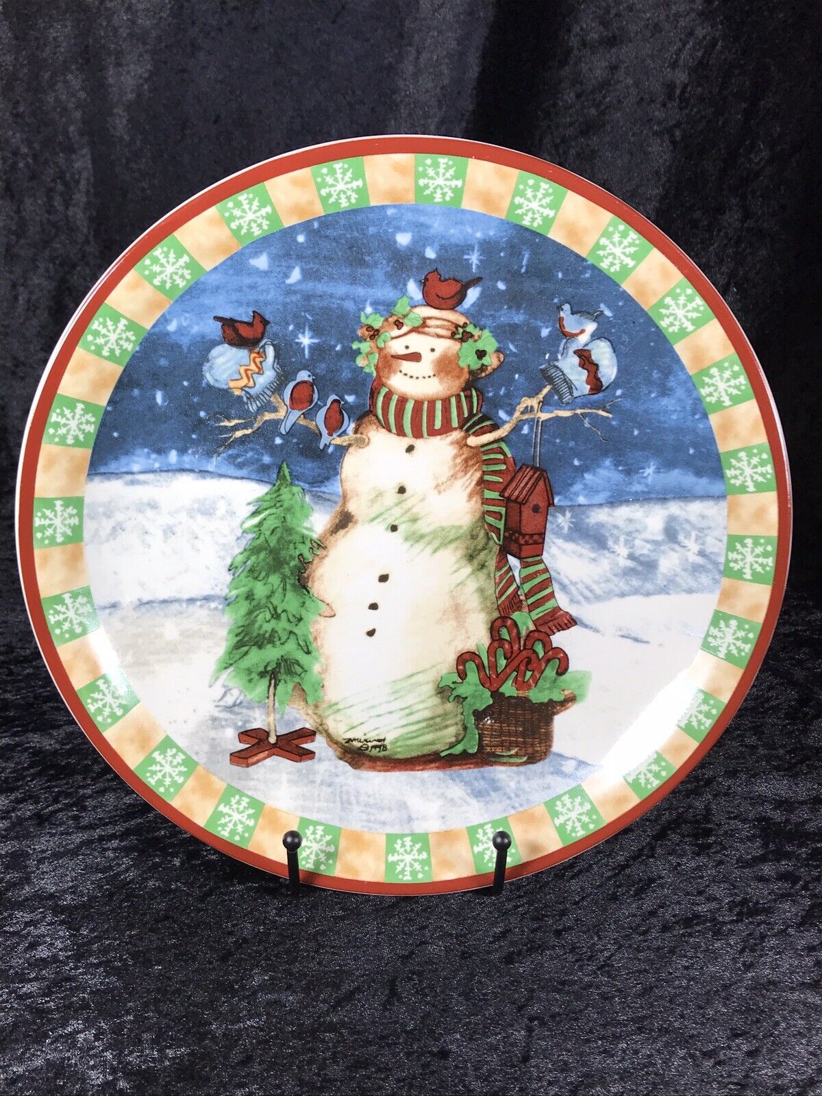 Christmas Snowman Plate Birds Tree Canes Decorative 10-5/8\