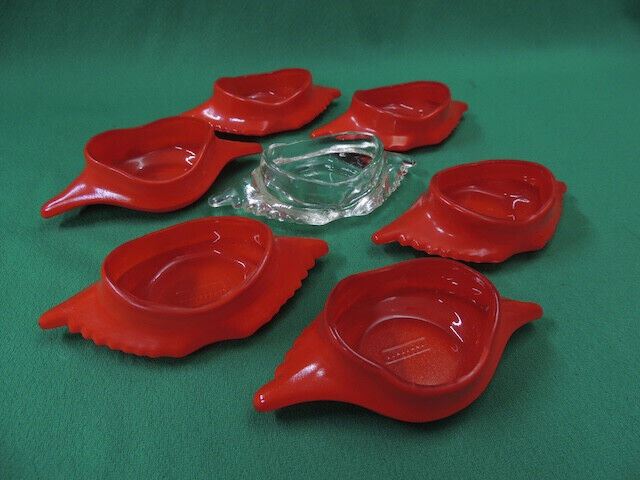 7 Vintage 1950’s Glasbake Red & Clear Imperial Deviled Crab Appetizer Dish Set