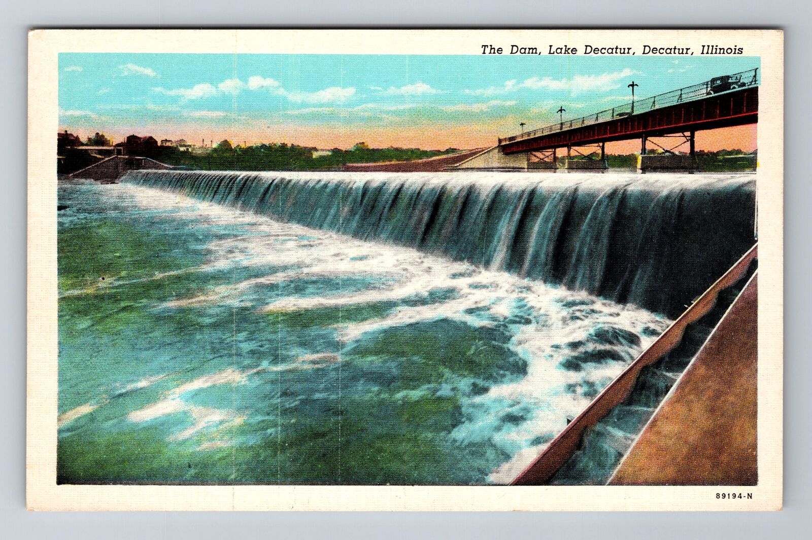 Decatur IL-Illinois, Lake Decatur, the Dam, Antique Vintage Souvenir Postcard