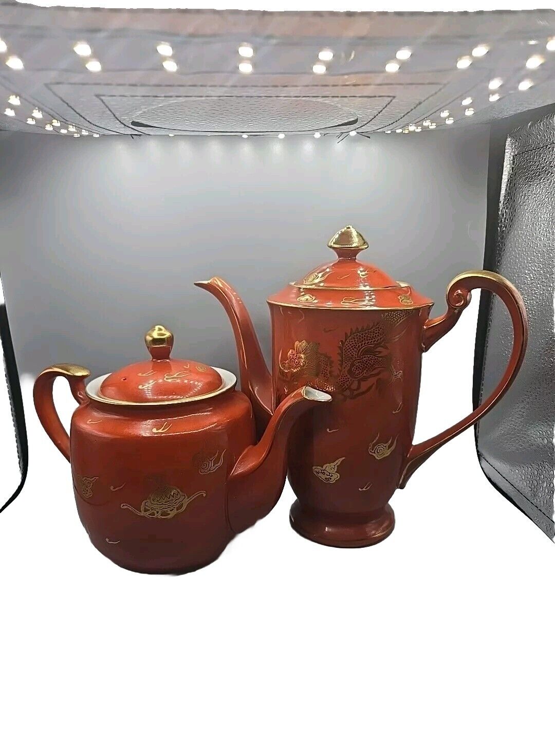 Vintage Japanese Red Orange Gold Dragon Procelain Tea Pot Set.