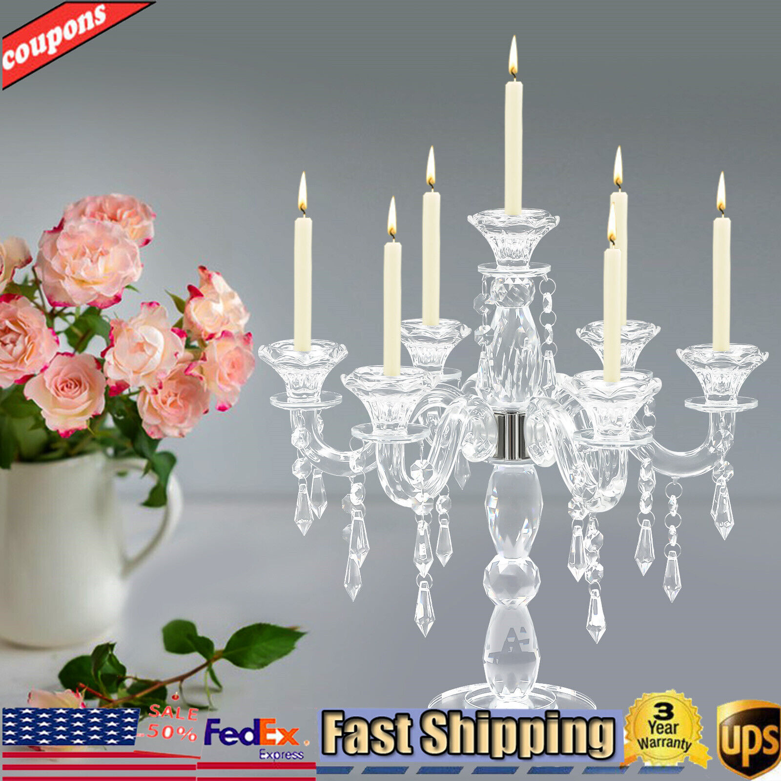 Crystal Candle Holder Candelabra 7-arm Wedding Birthday Party Gift Candlestick 