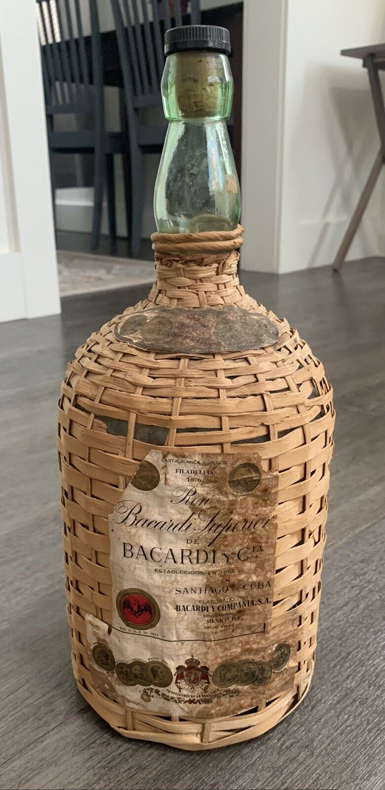 Antique Ron Bacardi Demijohn Wicker Wrapped Bottle Spectacular Glass 14.5”