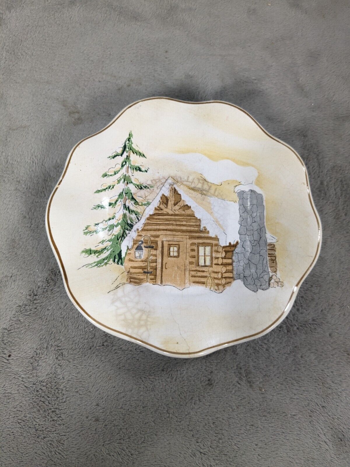 Vintage Small Christmas Plate With Feet, Hand Painted With Log Cabin