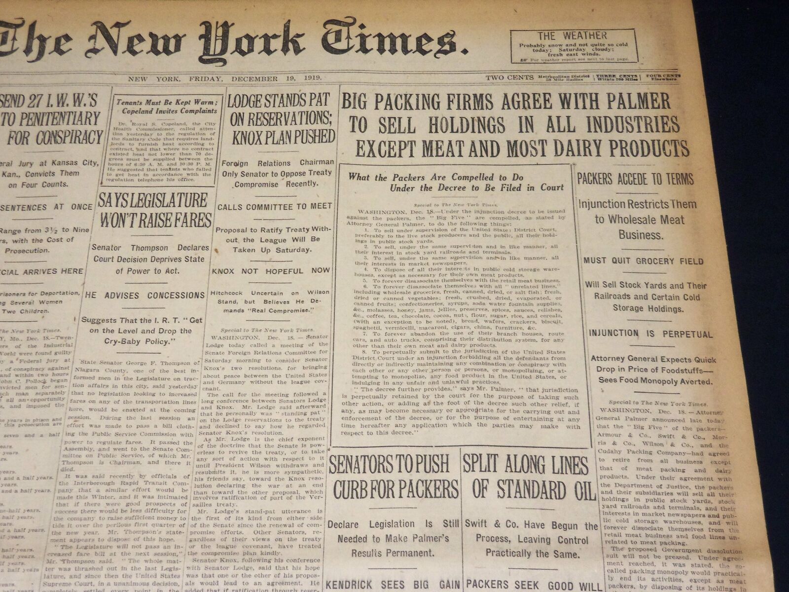 1919 DEC 19 NEW YORK TIMES - BIG PACKING FIRMS AGREE TO SELL HOLDINGS - NT 8538