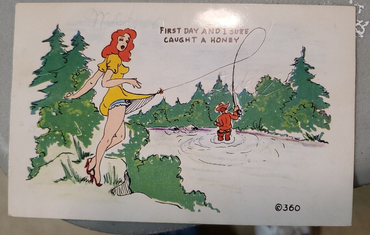 Kromekolor Comic Card 360 First Day And I Sure Caught A Honey 1953 Postcard 