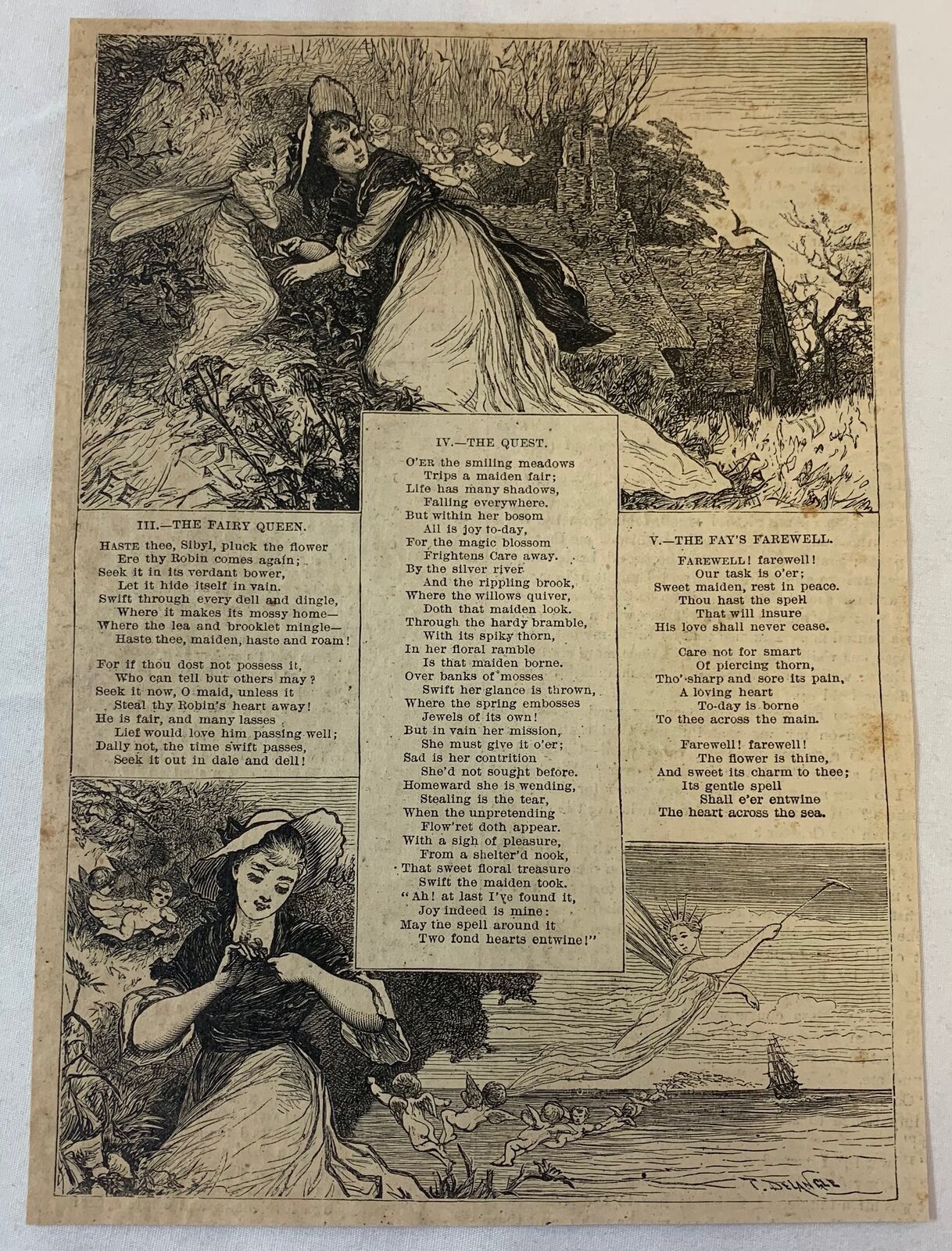 1879 magazine poem+engraving ~ FAIRY QUEEN/QUEST/FAY'S FAREWELL