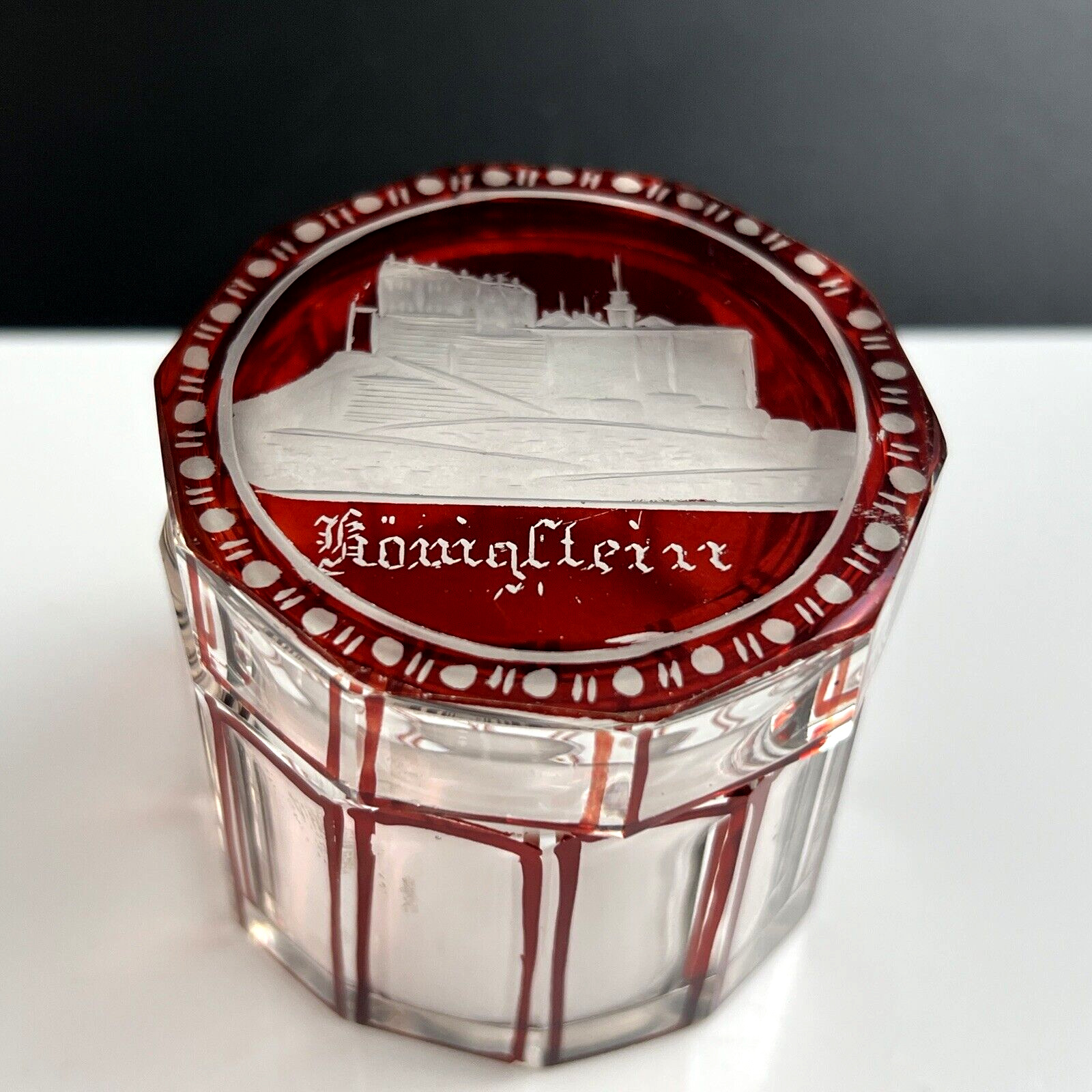 Antique German Ruby Red Cut to Clear Intaglio Glass KONIGSTEIN Trinket Box Jar