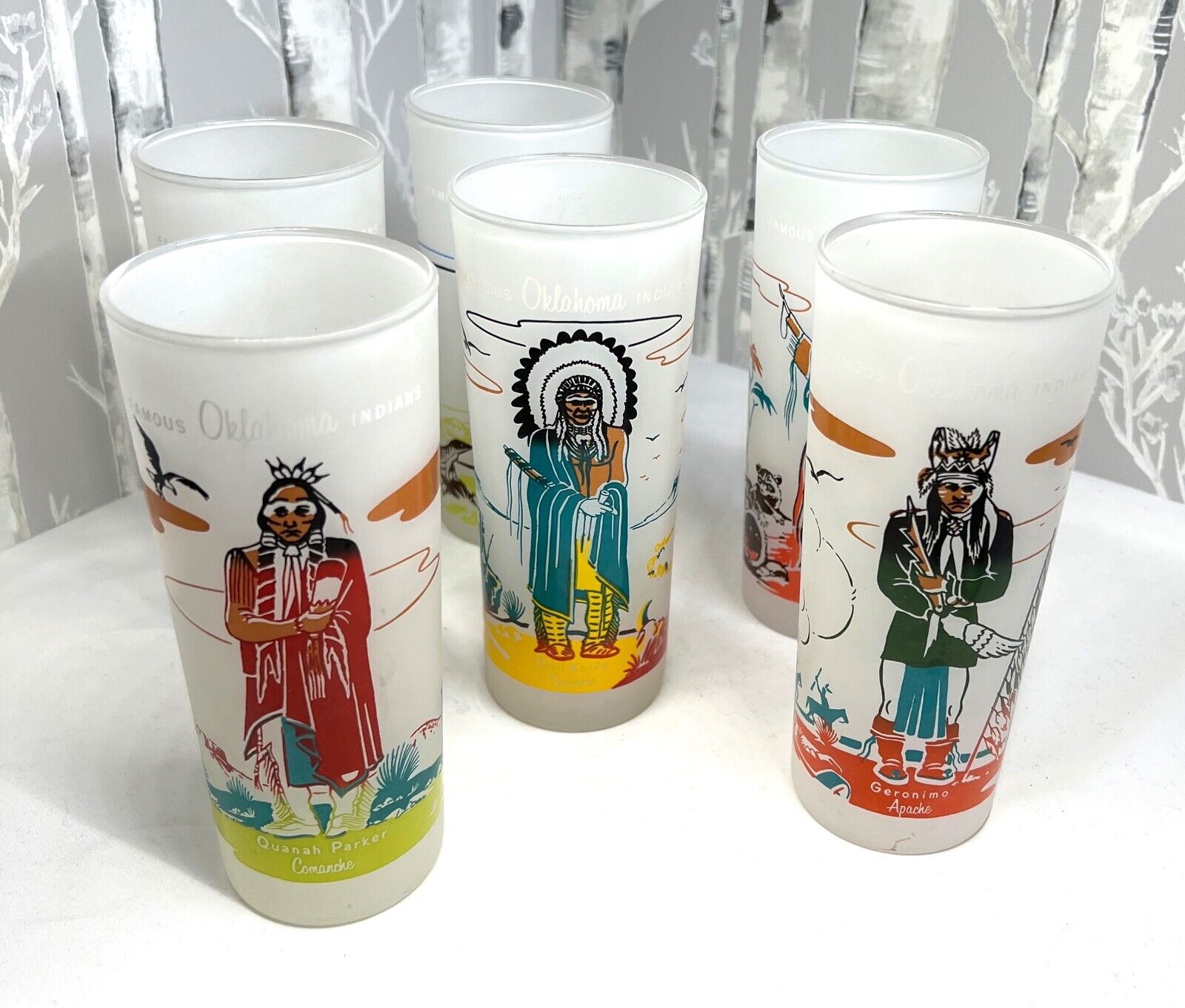 1959 Knox Oil Famous Oklahoma Indians Glasses by Acee Blue Eagle - Six glasses