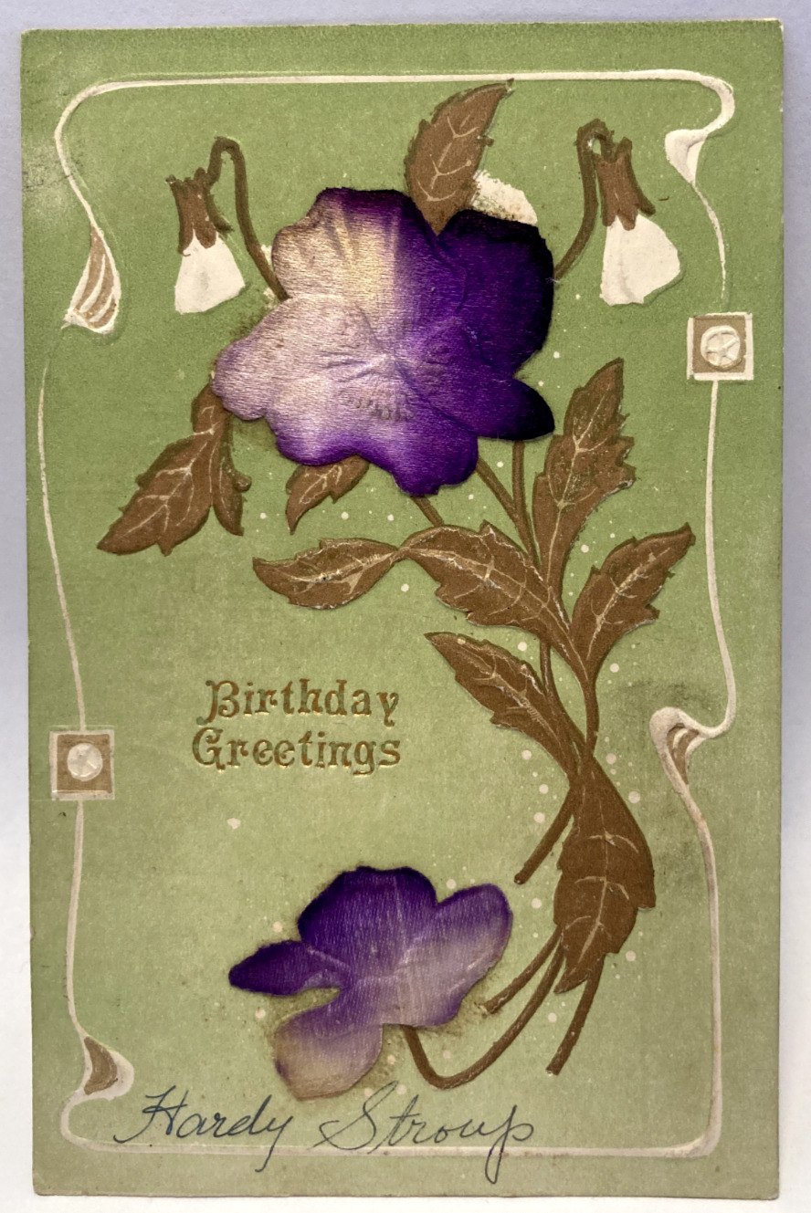 1907 Birthday Greetings, Purple Silk Pansy Flowers, Vintage Embossed Postcard