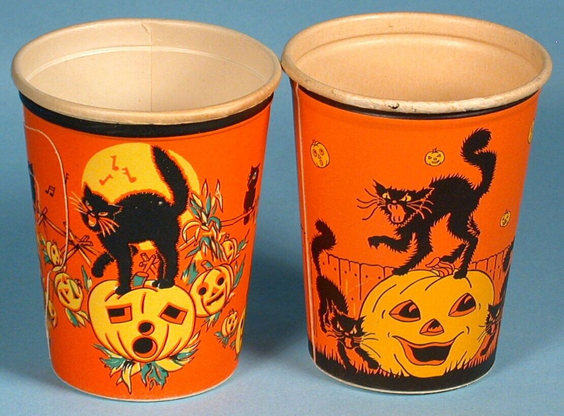 1950s 2 Halloween Reed Party Cups Variations Unused JOL Black Cat Scarecrow