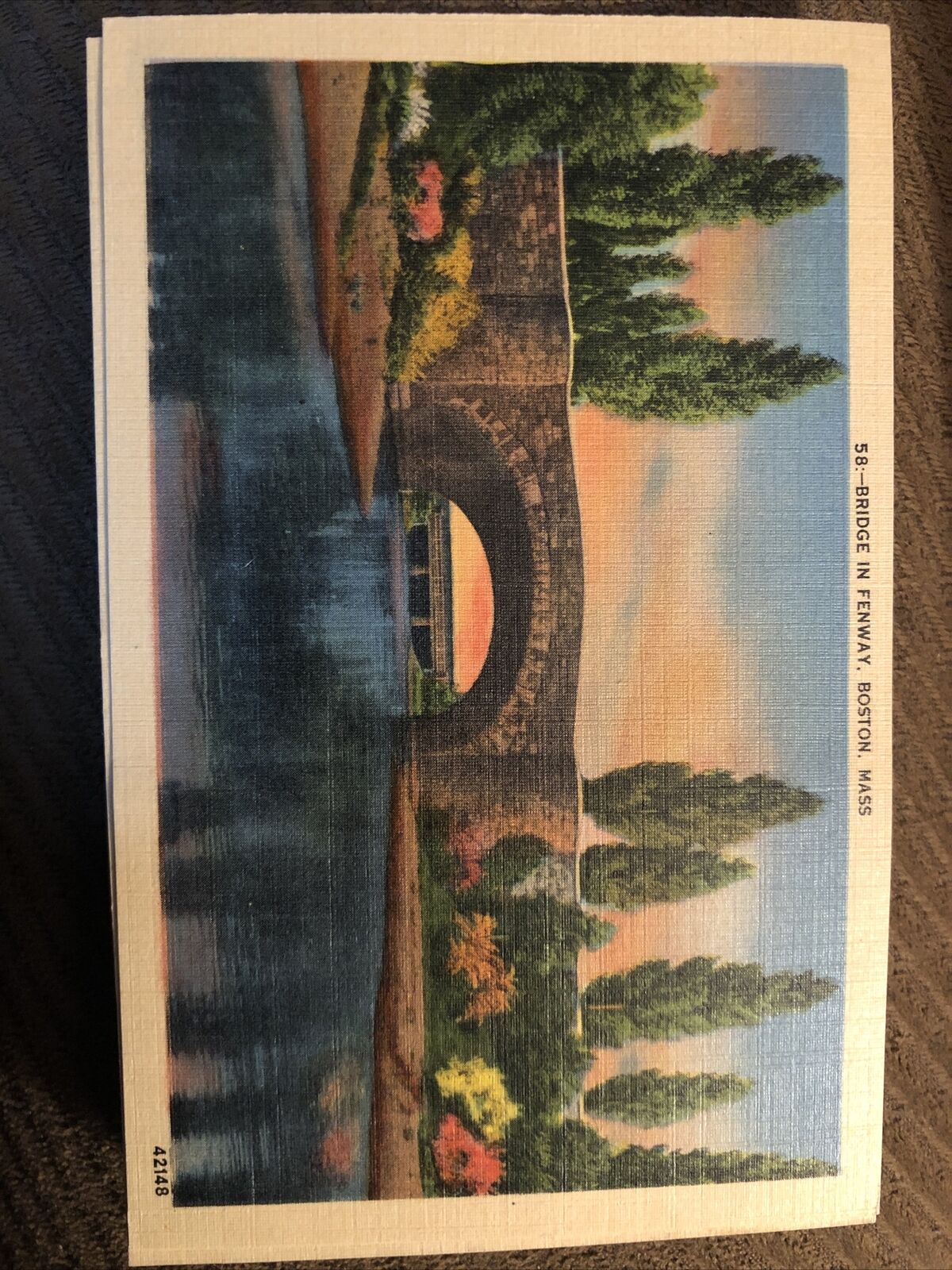 Vintage Linen Postcard Bridge In Fenway, Boston Massachusetts Landscape c1930s