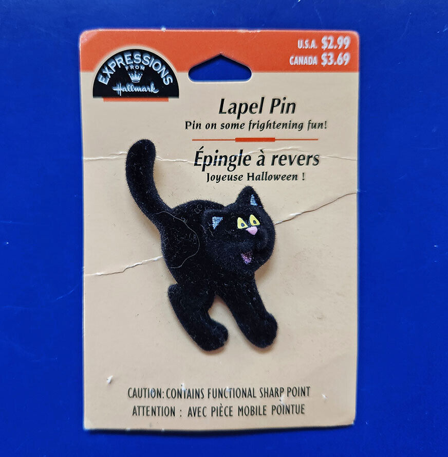 Hallmark PIN Halloween Vintage CAT BLACK Scaredy Flocked 1992 NEW* Expressions