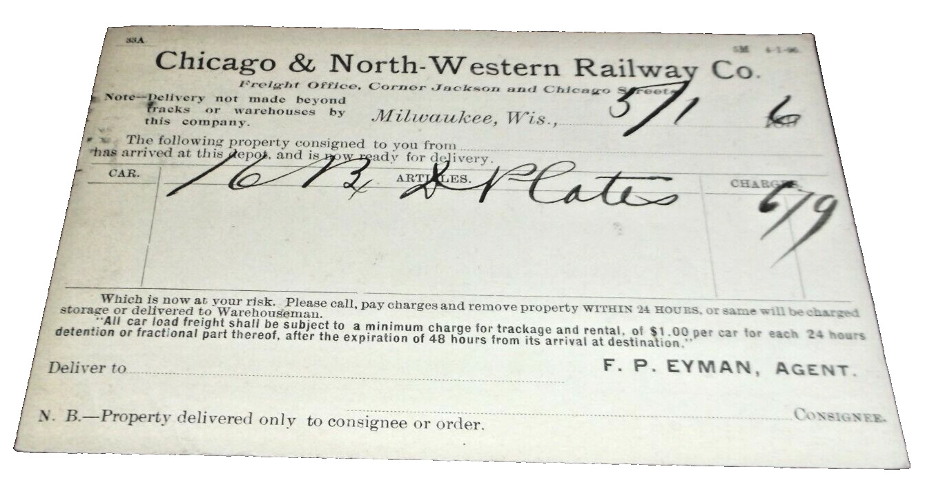 MAY 1896 C&NW CHICAGO & NORTH WESTERN MILWAUKEE FREIGHT DELIVERY POST CARD