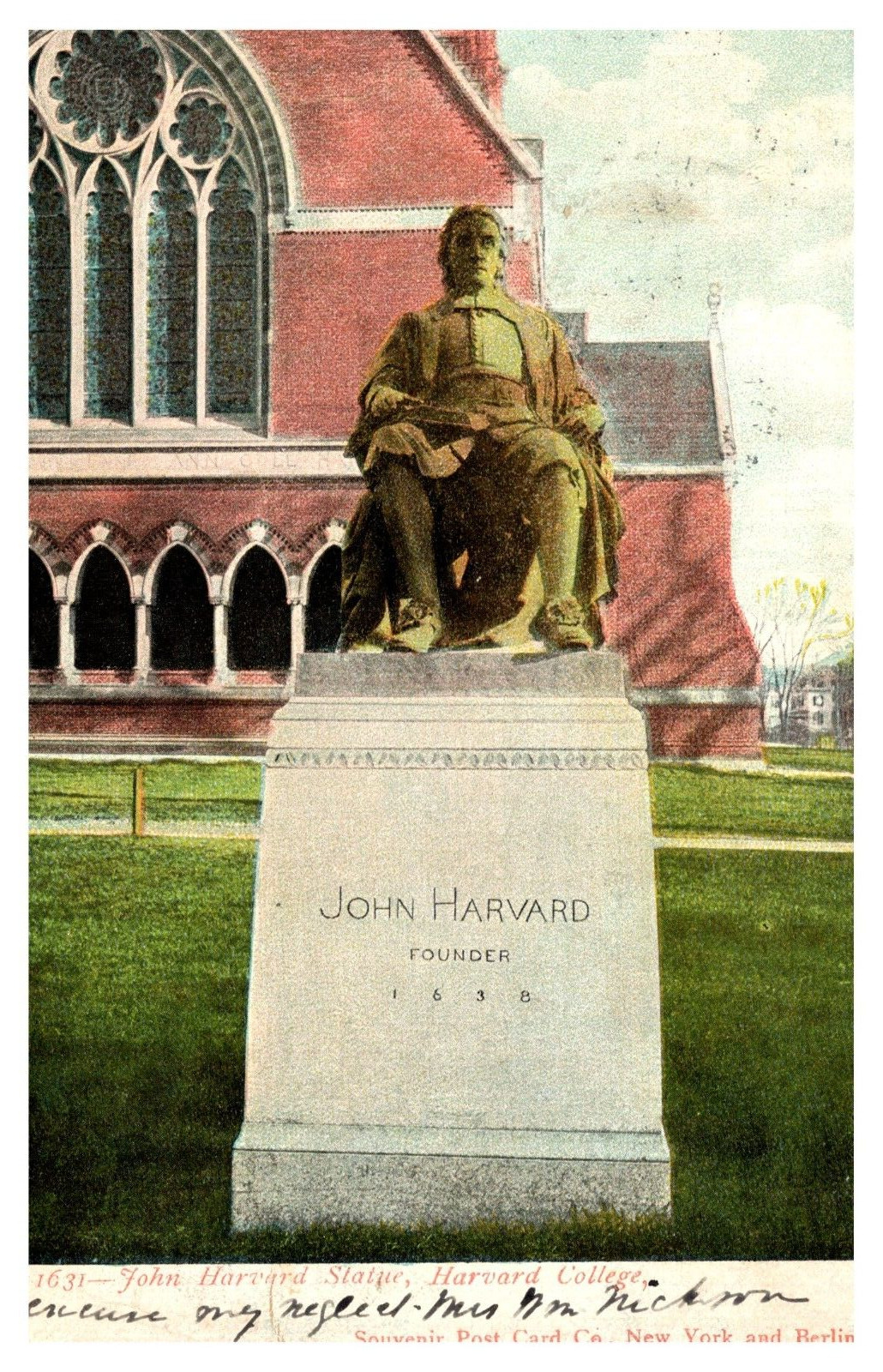 postcard John Harvard Statue Founder of Harvard College A2978