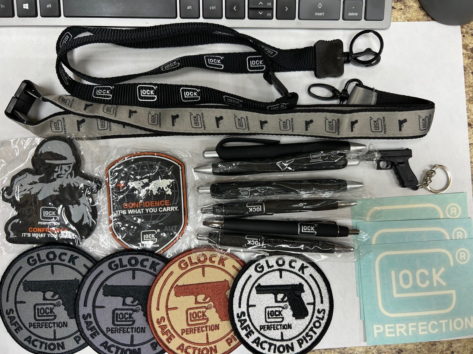 GLOCK PERFECTION SWAG Set 2 Lanyard, 6 Pen, 1 Keychain, 3 Sticker, 6 Patch NEW 