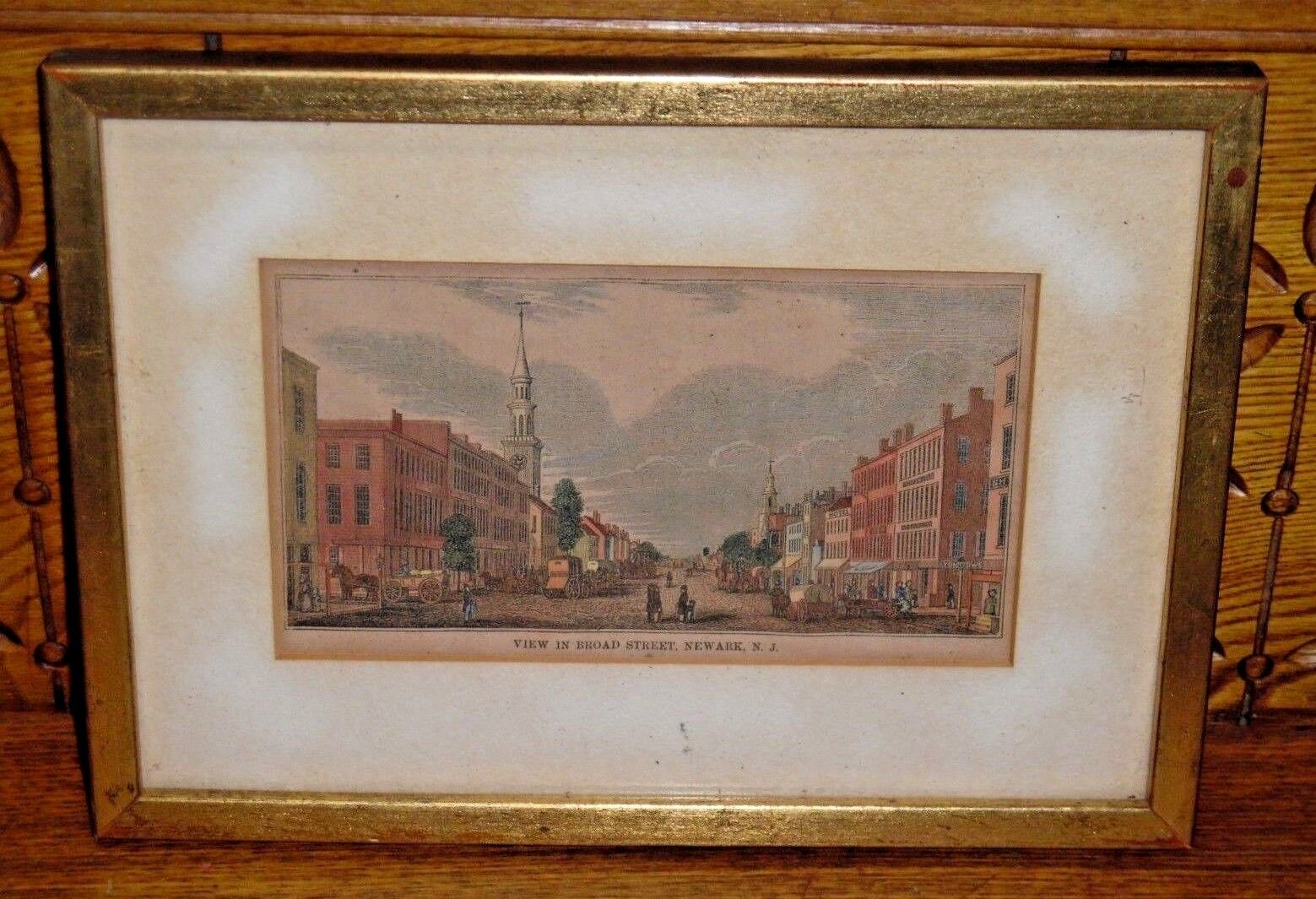 Antique Small Framed Color Engraving - View In Broad Street, Newark NJ