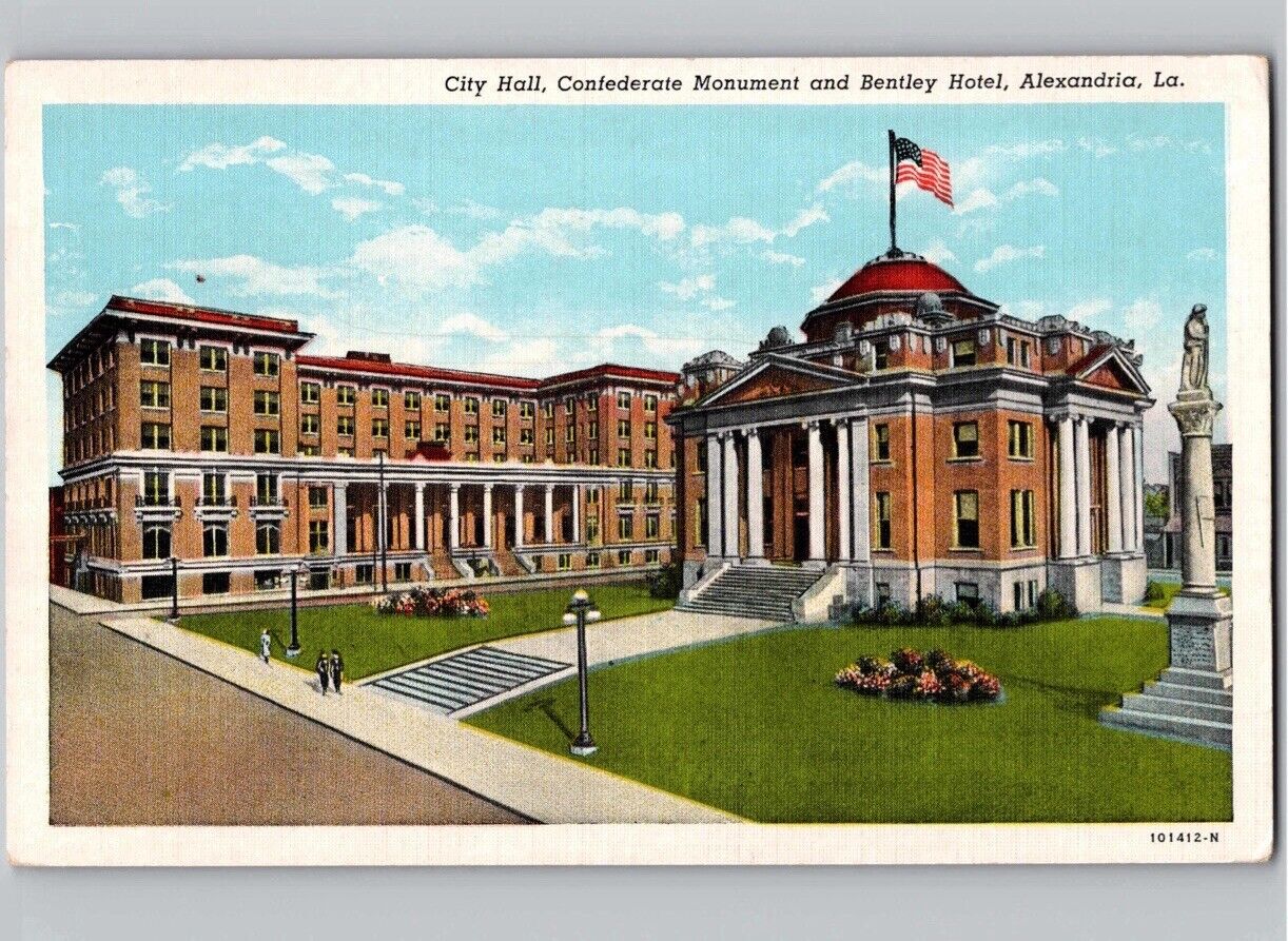 c1940 City Hall Bentley Hotel Confederate Monument Alexandria Louisiana Postcard