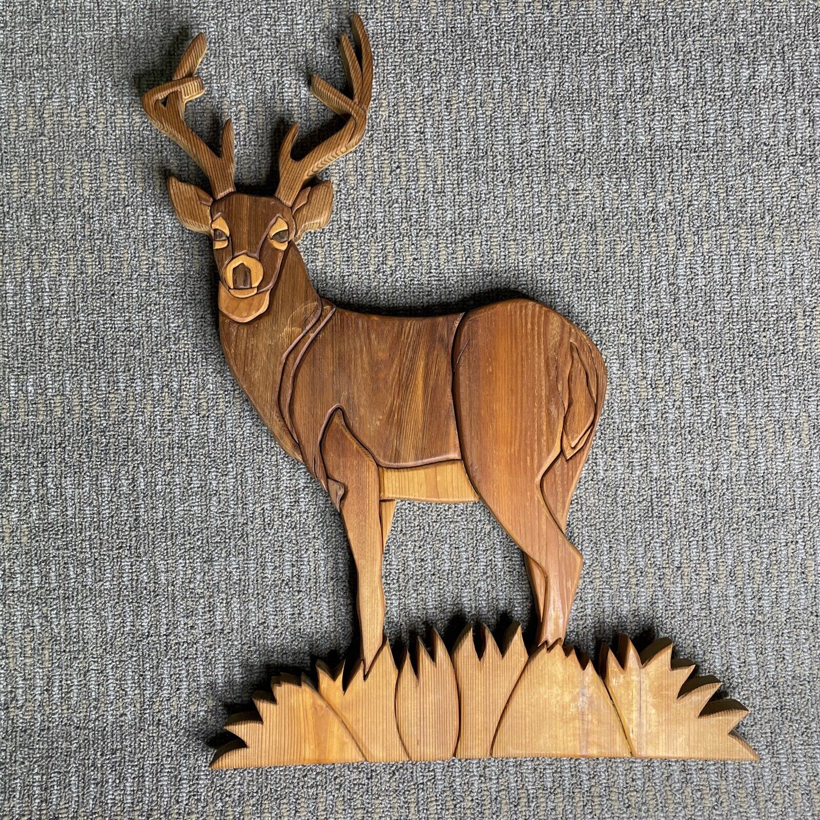 Vintage 1980s Whitetail Deer Buck Hand-Carved Hand-Made Solid Wood Wall Hanging