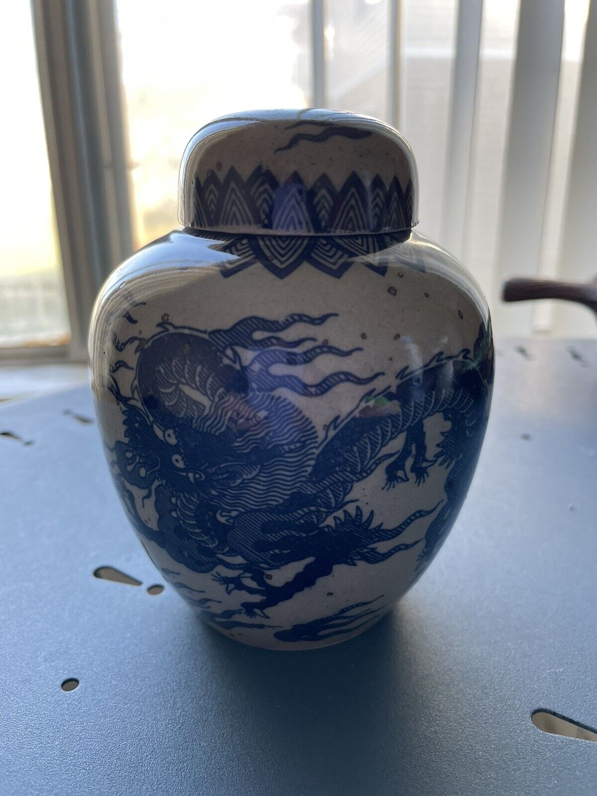 Vintage Japanese Ginger Jar With Blue Dragon Motif