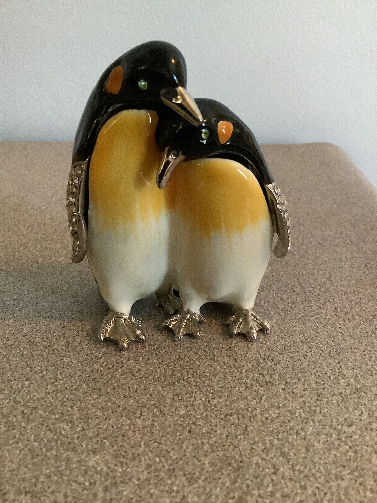 Bejeweled Enamel Double Hinged Magnetic Penguin Couple Trinket Box