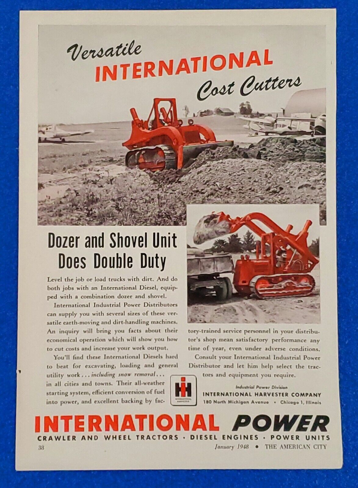 VINTAGE 1948 INTERNATIONAL HARVESTER DOZER & SHOVEL UNIT ORIGINAL IH PRINT AD