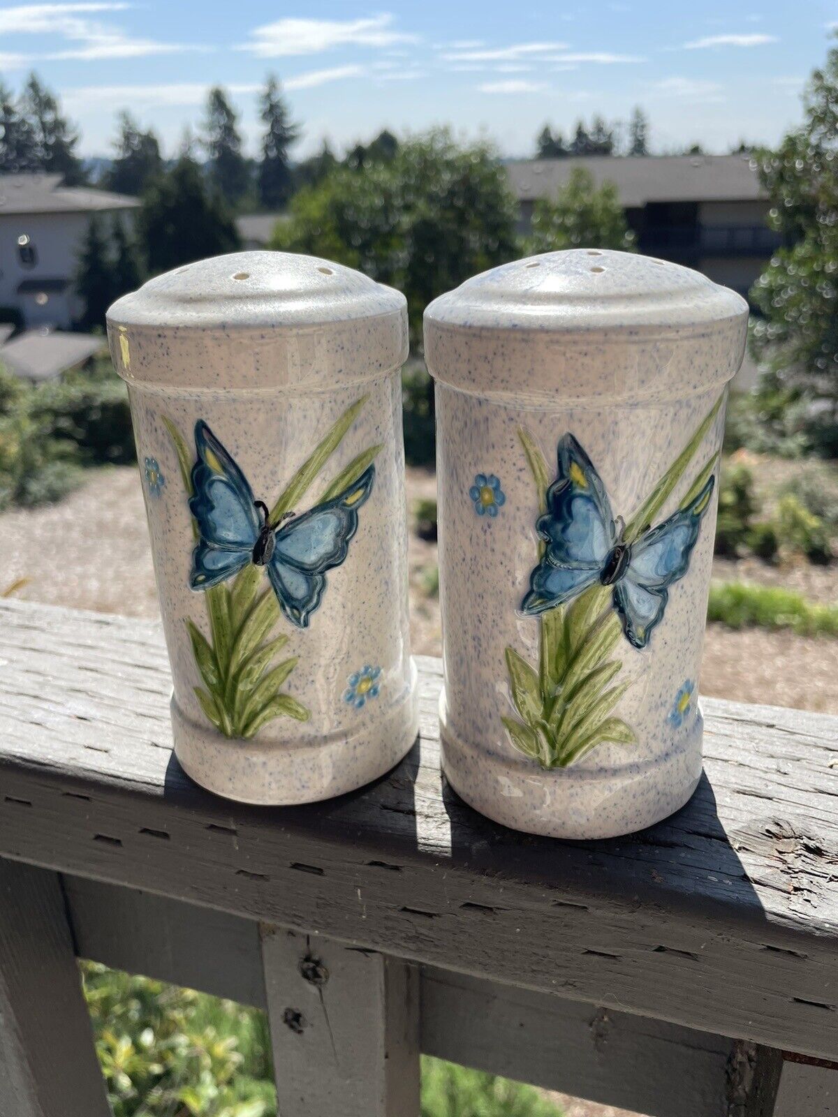 LARGE Vintage  Salt And Pepper Shakers Butterfly And Flower