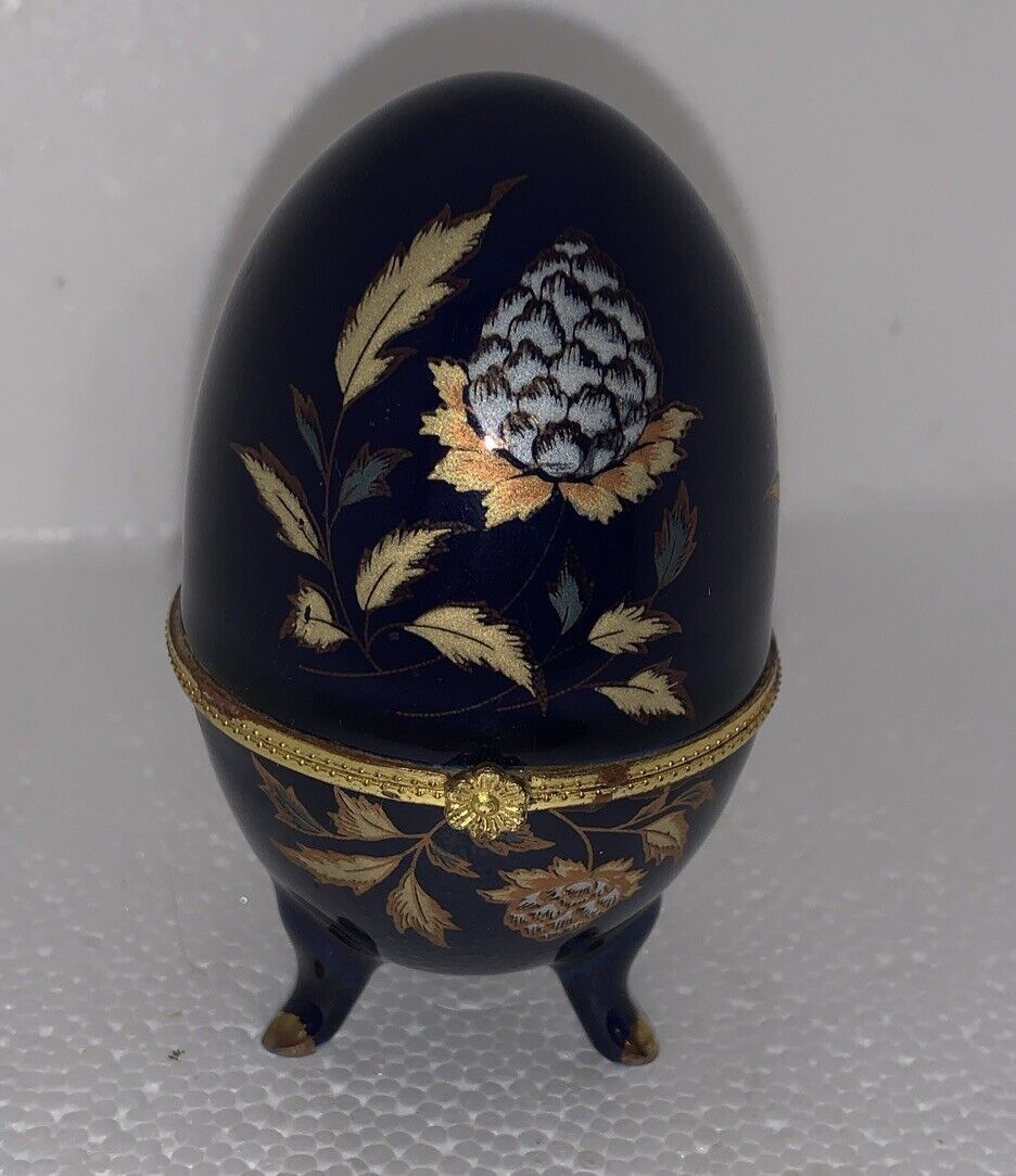Vintage Cobalt Blue Gold Porcelain Egg Trinket Box Flower Decor 3 Legged Hinged