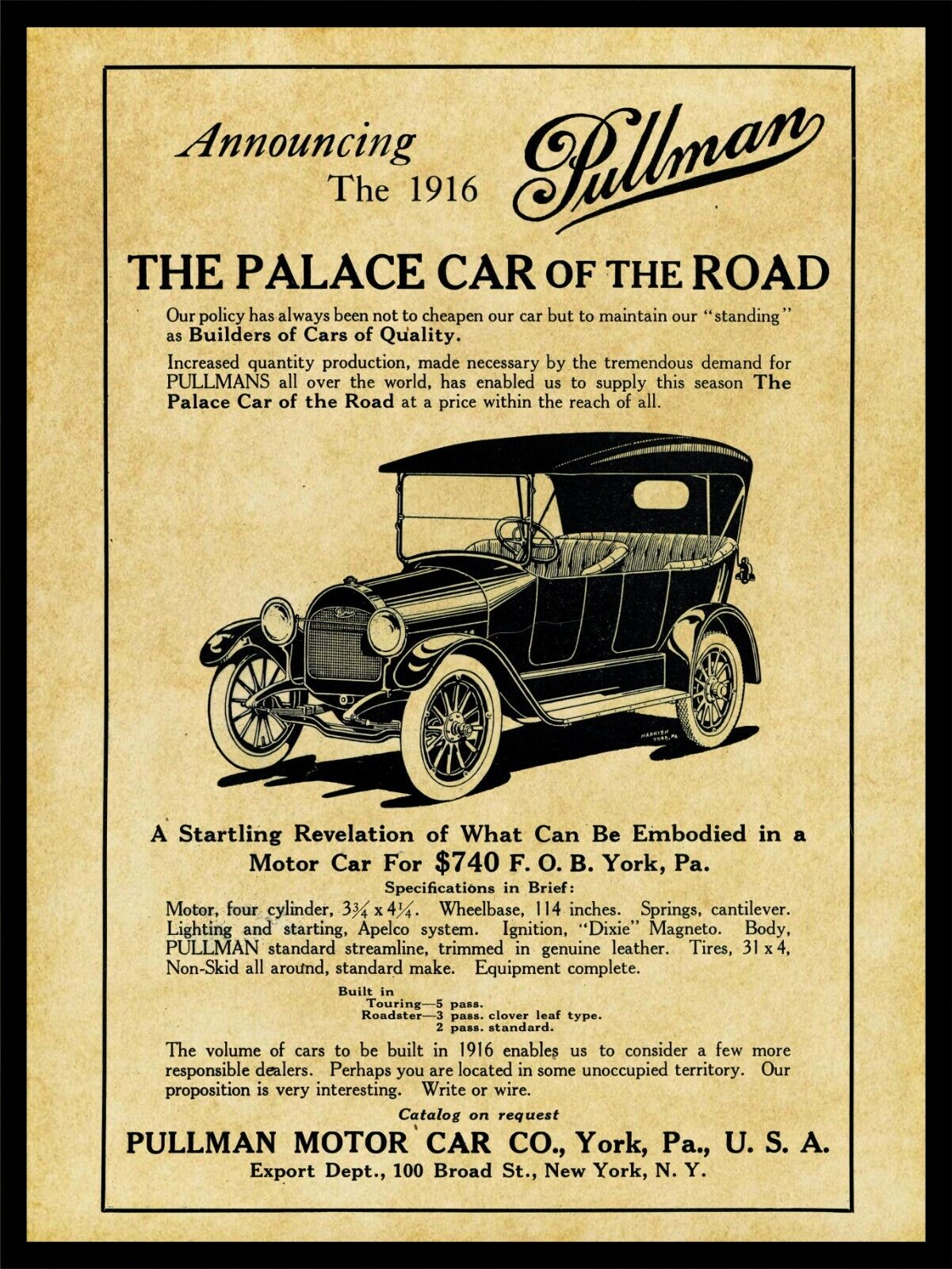 1915 Pullman Motor Cars NEW Metal Sign: Palace Car of the Rd  York, Pennsylvania
