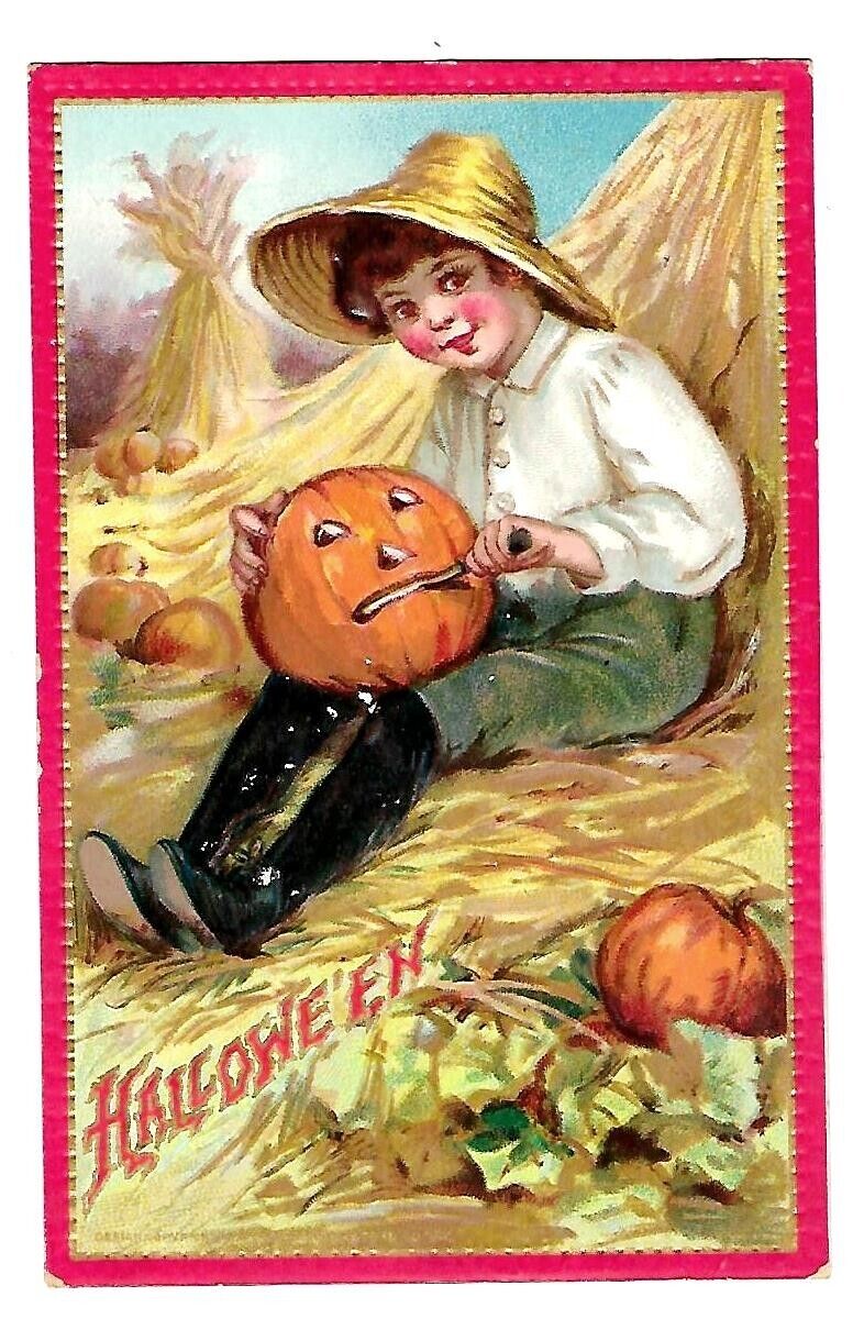 c1909 Tucks #174 Halloween Postcard Boy Curving Pumpkin, Haystacks Embossed