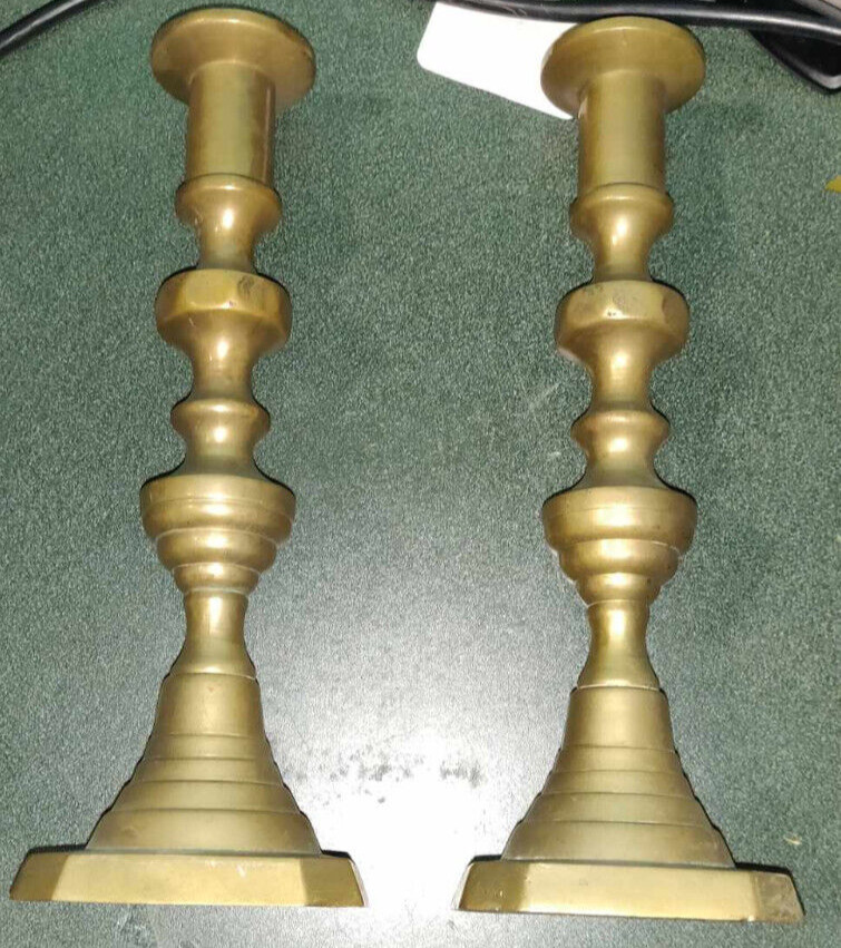 2 Antique Brass Late 17th Century Georgian Tall Candle Holders  Vtg Rare