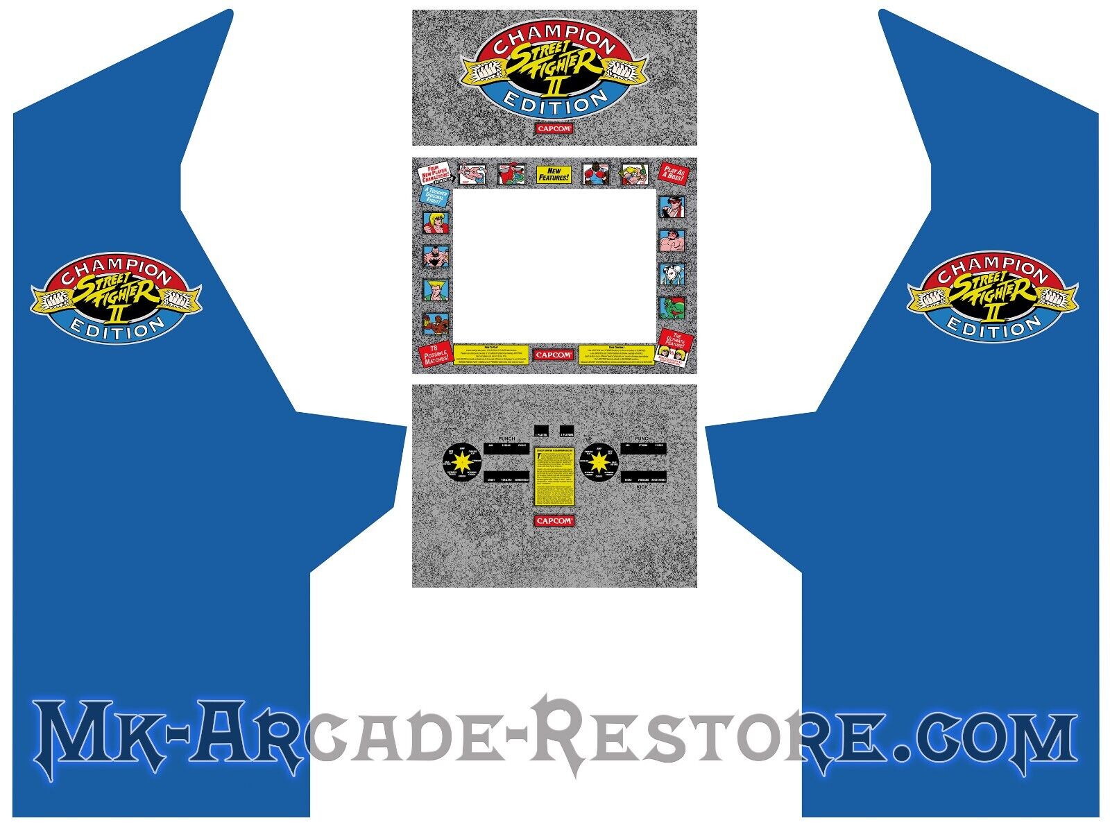 Street Fighter II Big Blue Side Art Arcade Cabinet Kit Artwork Graphics Decals