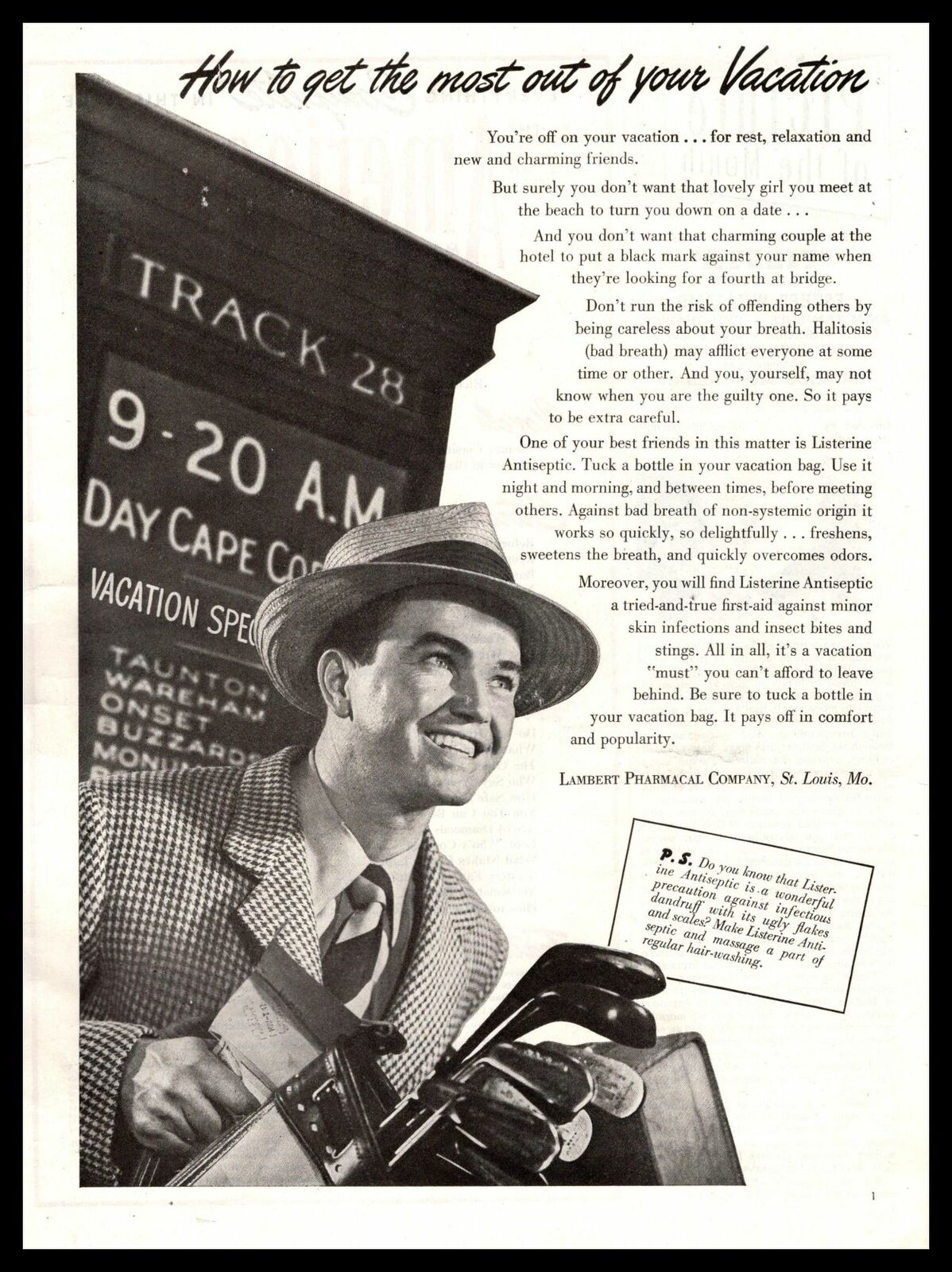 1947 Listerine Antiseptic Man With Bad Breath On Golf Vacation Vintage Print Ad