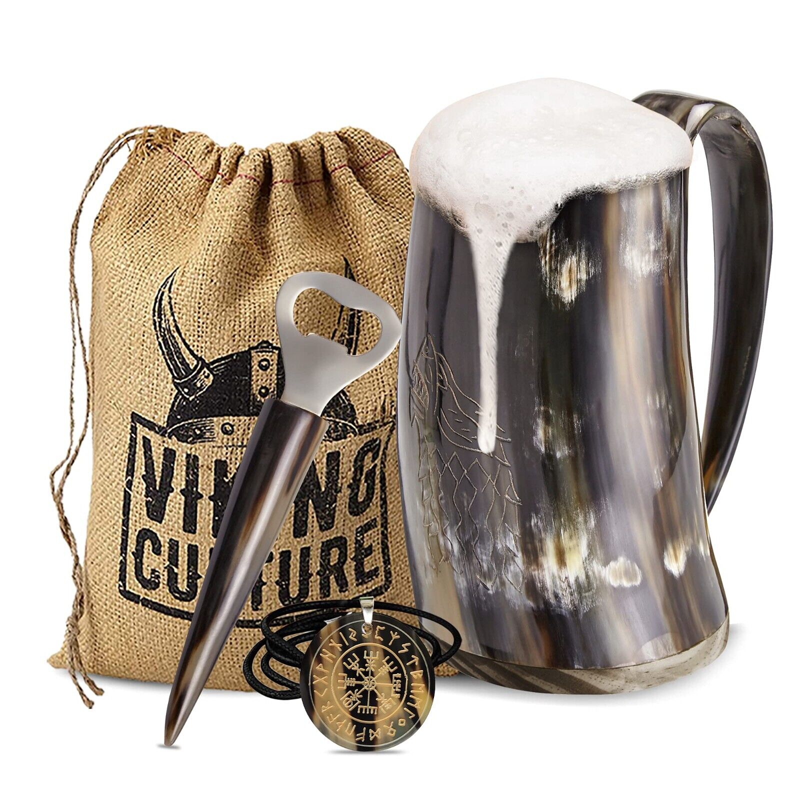 Viking Culture Ox Horn Mug, Norse Pendant and Bottle Opener - 3Pc.Set \