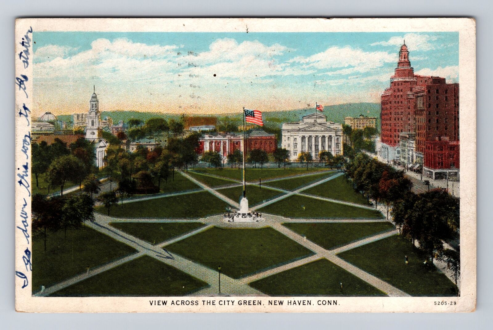 New Haven CT-Connecticut, Aerial Across The City Green, Vintage c1933 Postcard