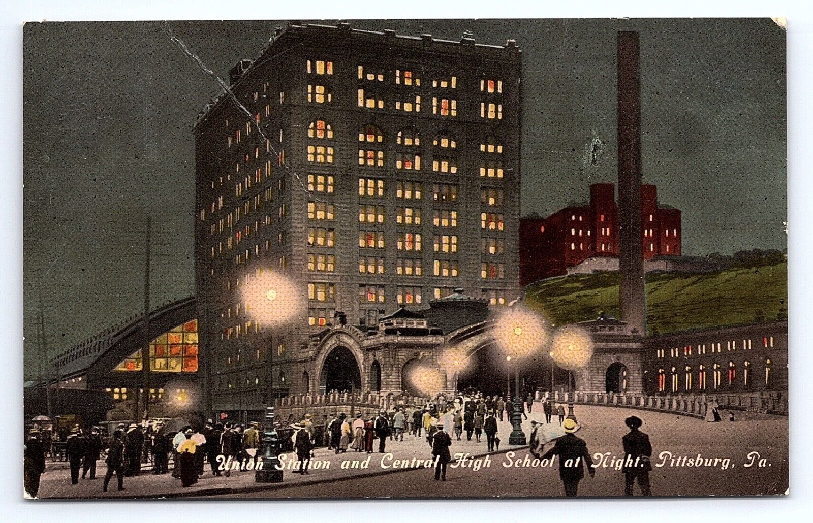 Postcard Union Station Central High School at Night Pittsburgh PA c.1913