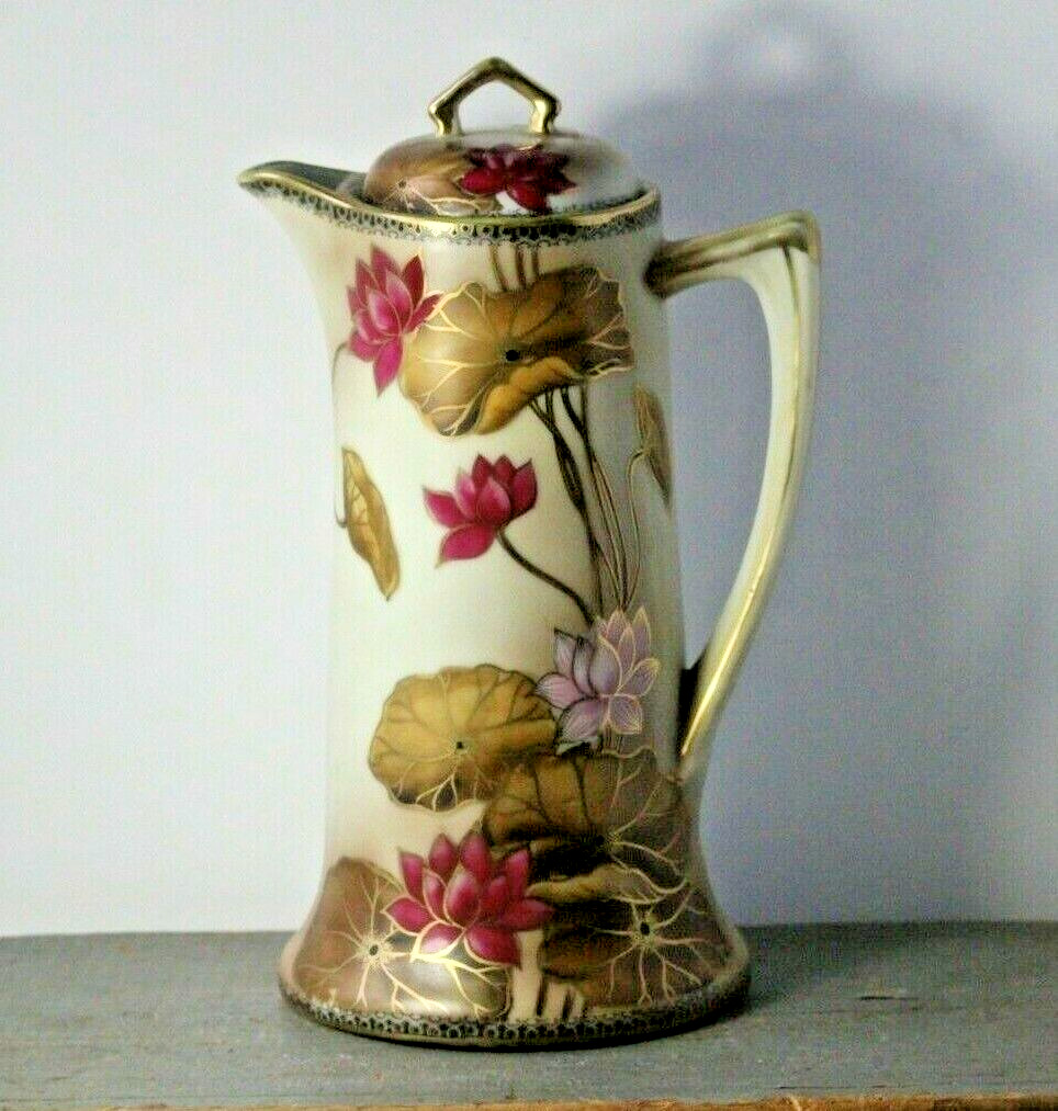 Antique Early 20thC Art Nouveau Lotus Flowers Chocolate Pot Signed Made in Japan