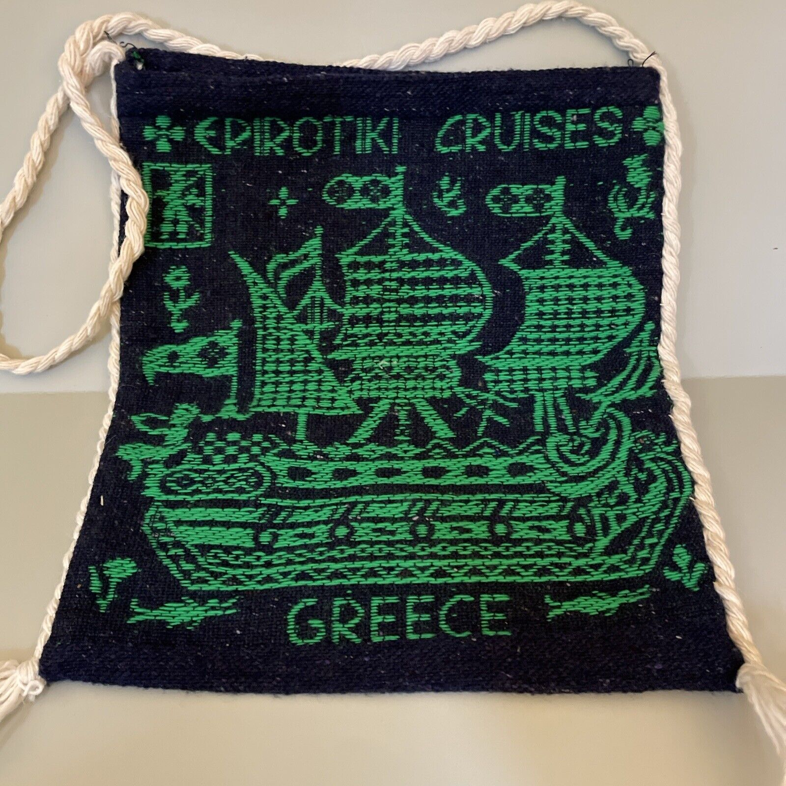 Vtg Greek Epirotiki Cruise Greece Blue & Green Handmade Woven Travel Tote Boho