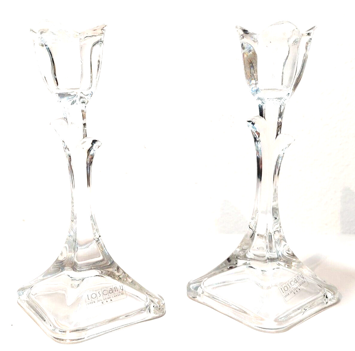 Toscany 24% Lead Crystal Candle Stick Pair Taper Flower Tulip Shaped 8\