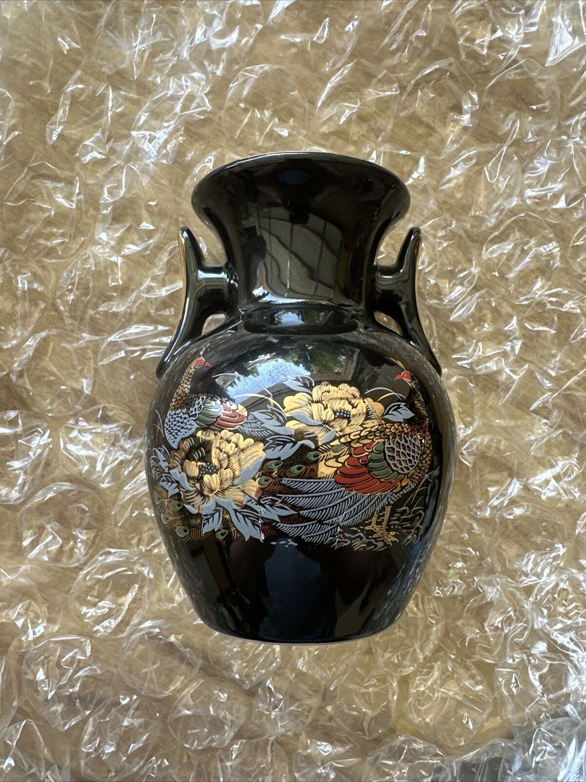 Japanese Porcelain Black Vase Peacock Bird Black Gold Handles 5 Inches