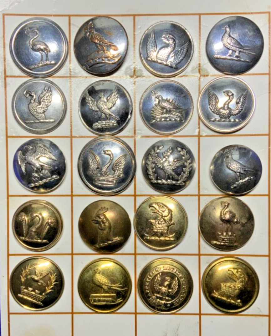 20 ANTIQUE BRITISH MIXED GILT & S-PLATE BIRDS LIVERY COAT BUTTONS 1840s-1920s