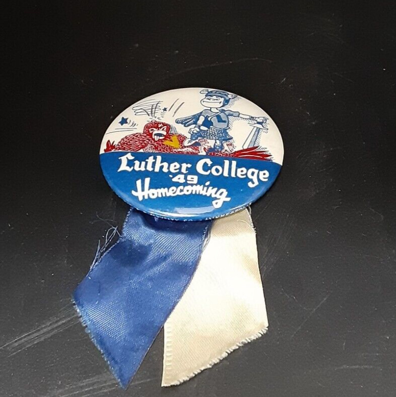 1949 Luther College Homecoming Pinback Button Great Graphics Blue & White Ribbon