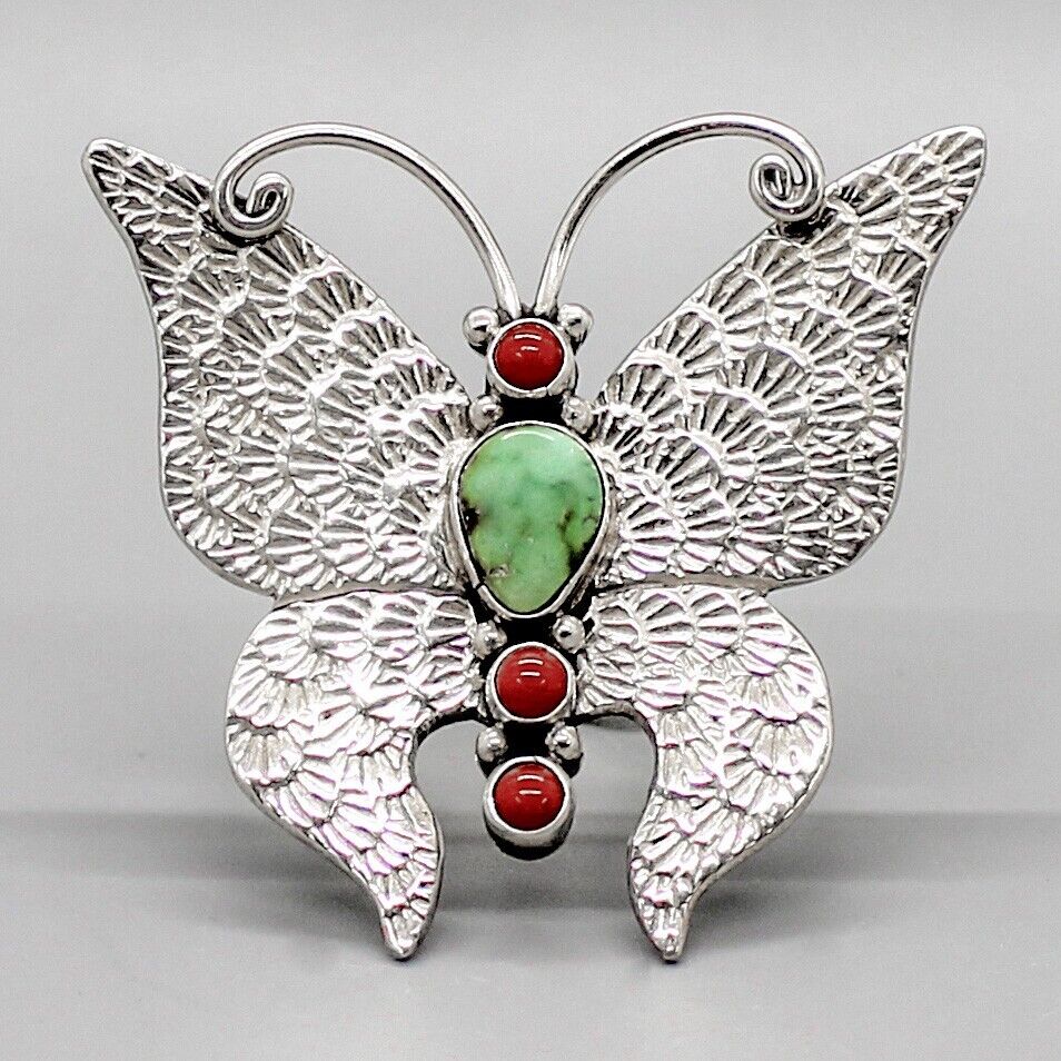 NAVAJO- LARGE STERLING SILVER, TURQUOISE, & CORAL BUTTERFLY RING by LEE CHARLEY