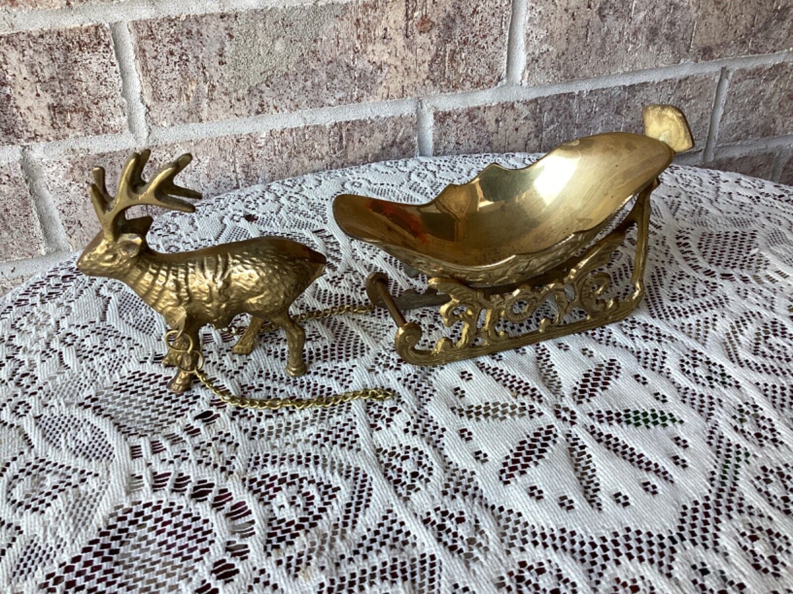 Vintage Solid Brass Christmas Sleigh Candy Dish with Reindeer