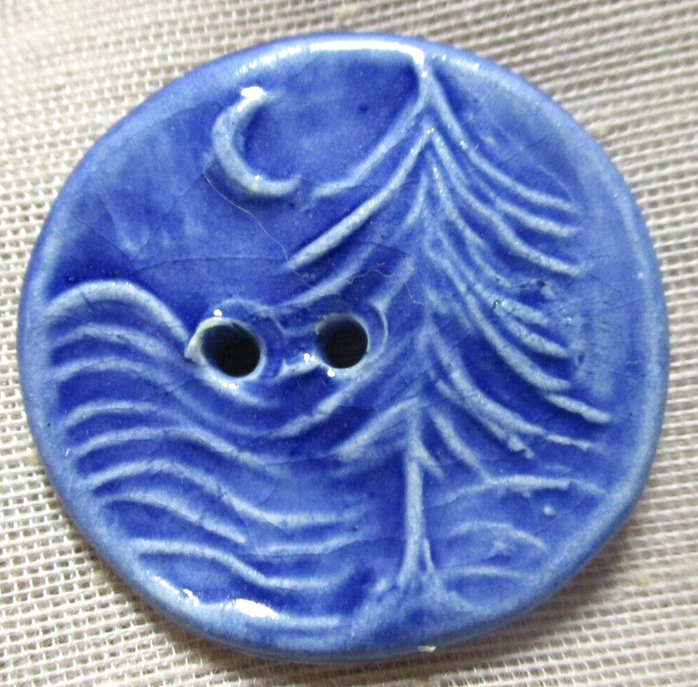 NEW HANDMADE BLUE CERAMIC BUTTON - SINGLE PINE TREE IN MOUNTAINS W CRESCENT MOON